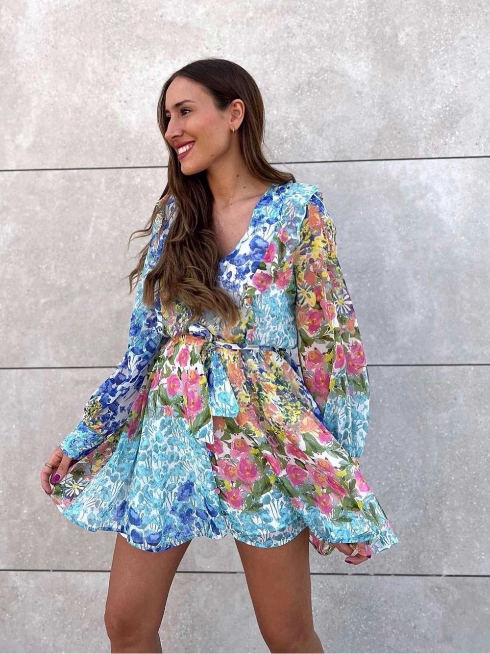Zara Aqua Floral Long Sleeve Mini Dress with Pink & Blue Accents